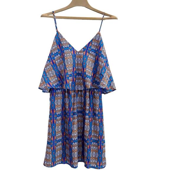 LEYDEN Womens DRESS MED Spaghetti Strap Tiered Bodice Lined V-Neck Blue White - Picture 1 of 9